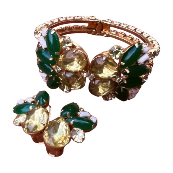 Vintage 1950's Yellow and Green Rhinestone Clamper Bracelet and Earrings - Picture 5 of 9